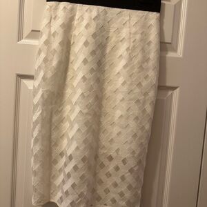Milly Cream Basketweave Midi Skirt with Black Waistband Detail